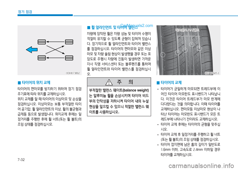 Hyundai Sonata Hybrid 2015  쏘나타 LF HEV/PHEV - 사용 설명서 (in Korean) 7-32
정기 점검
 
0 타이어의
 위치  교체
타이2<의  편&P0를  방6HA