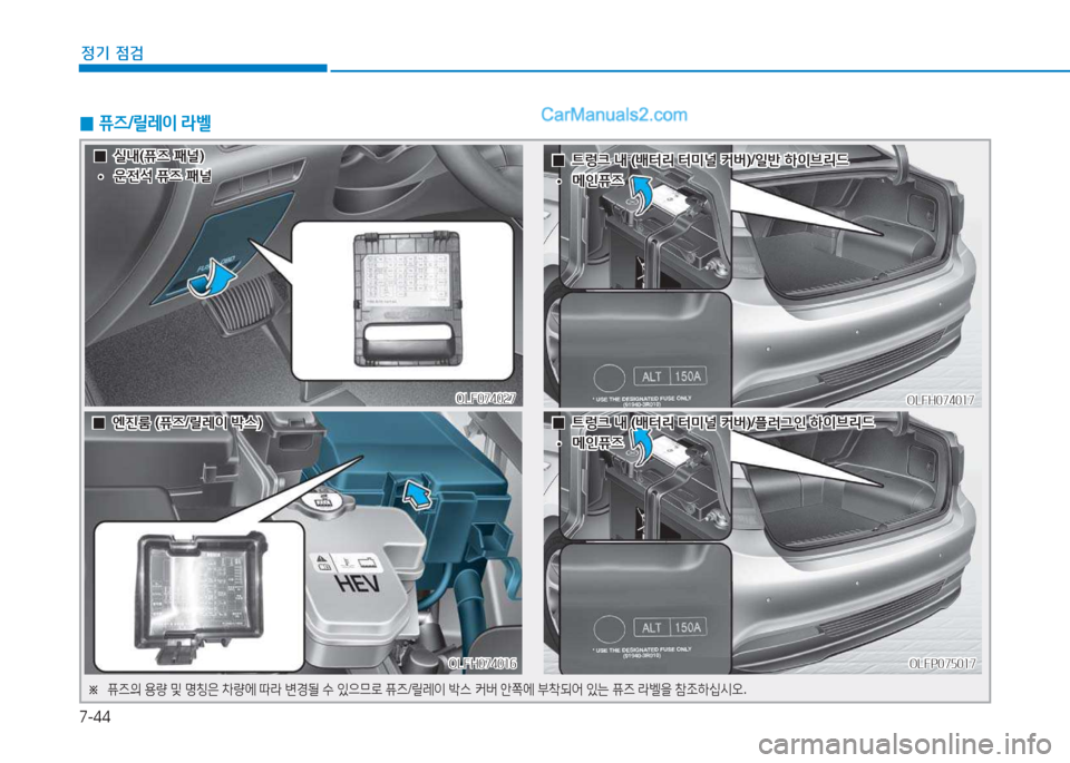 Hyundai Sonata Hybrid 2015  쏘나타 LF HEV/PHEV - 사용 설명서 (in Korean) 7-44
정기 점검
 
0 퓨6
/릴$