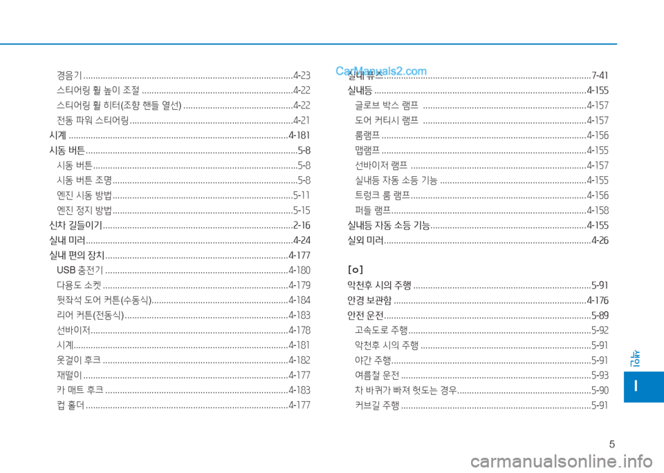 Hyundai Sonata Hybrid 2015  쏘나타 LF HEV/PHEV - 사용 설명서 (in Korean) 5
색인
I
경음기 ...................................................................................... 4-속3
스티2<링  휠  높이  조절  ...................................................