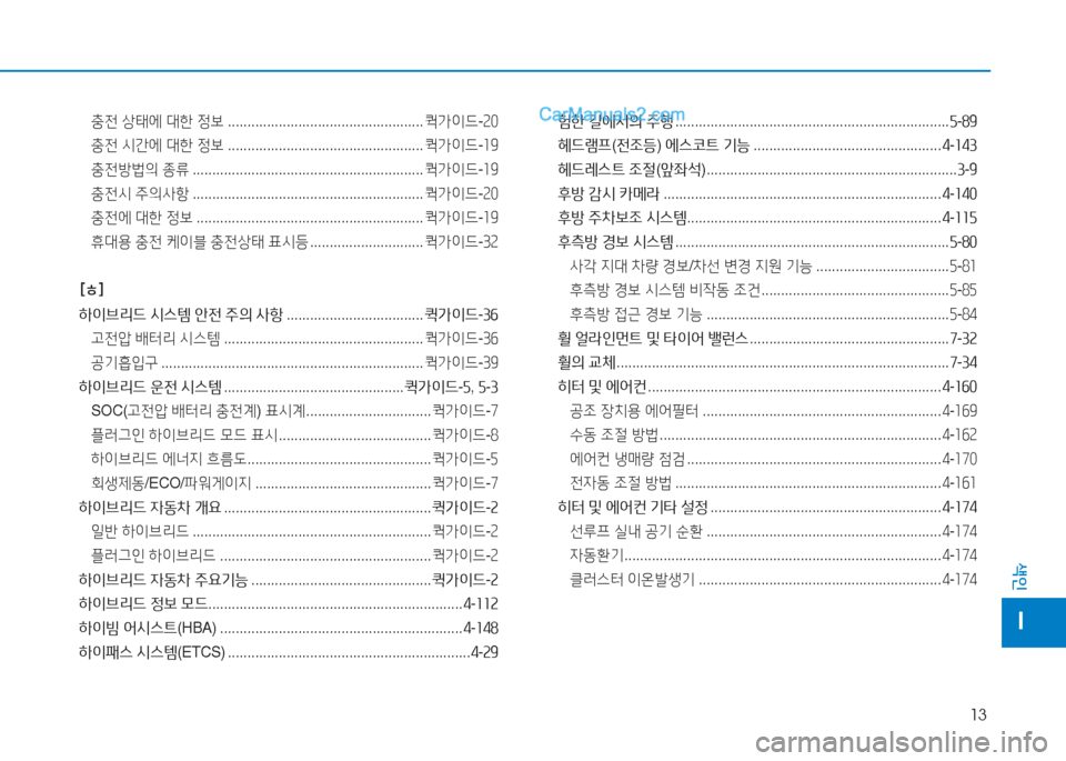 Hyundai Sonata Hybrid 2015  쏘나타 LF HEV/PHEV - 사용 설명서 (in Korean) 13
색인
I
충전 상태에  대한  정보  .................................................. <