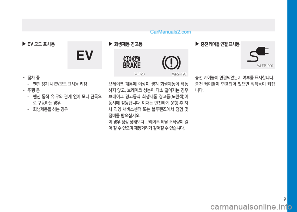 Hyundai Sonata Hybrid 2015  쏘나타 LF HEV/PHEV - 사용 설명서 (in Korean) 9
 
▶
EV  0드  표시등
 
•
정차  중
-  엔진  정6H  /d  EV 0드  표/d등  켜6X
 
•
주B  중
-  엔진  동4  유 ·무와  관계  2N이  0터  단 M으
$