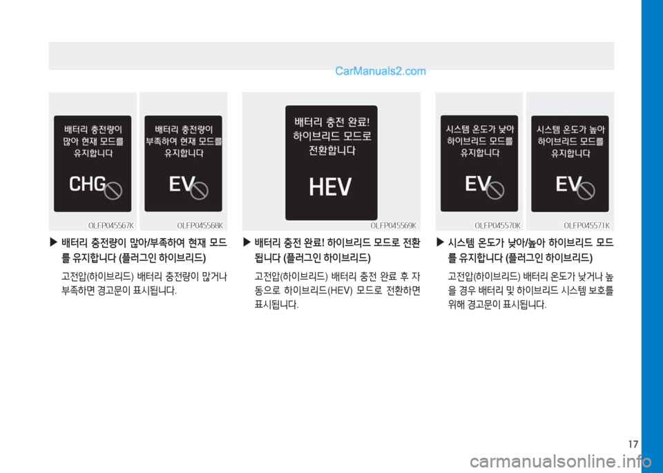 Hyundai Sonata Hybrid 2015  쏘나타 LF HEV/PHEV - 사용 설명서 (in Korean) 17
OLFP045569KOLFP045569K
 
▶
배터리  충전량이  많아 /부4
