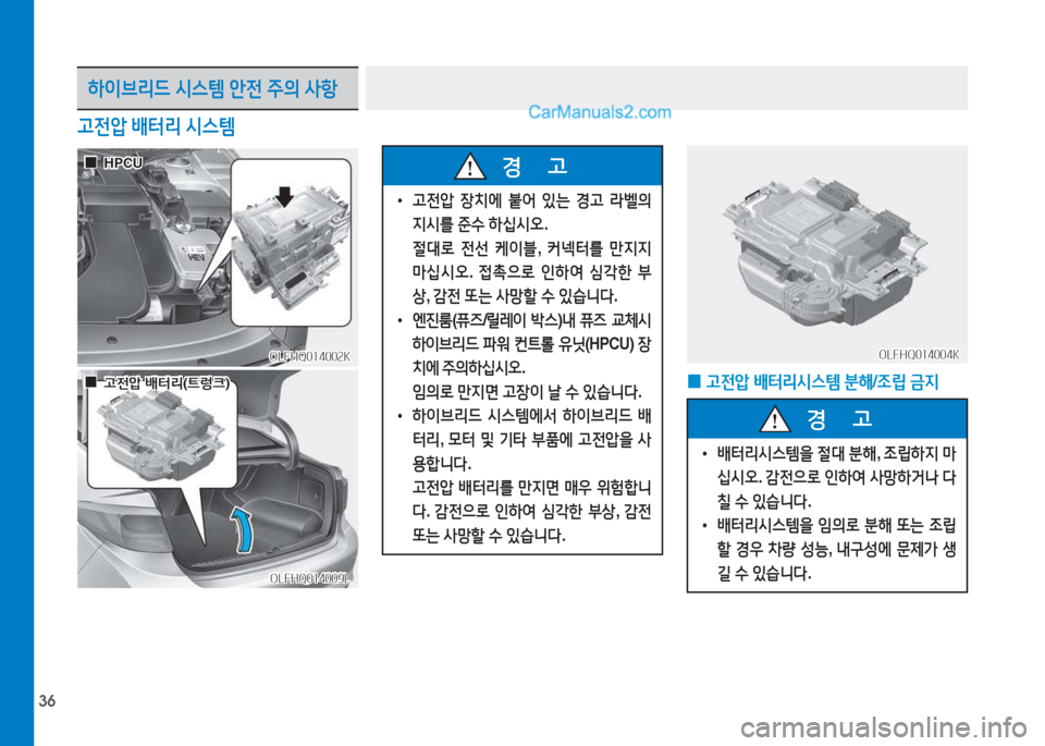 Hyundai Sonata Hybrid 2015  쏘나타 LF HEV/PHEV - 사용 설명서 (in Korean) 36
고전압 배터리  시스템
하이브리드  시스템  안전  주의  사항
 
• 고전압  장치에  붙어  있는  경고  라벨의  
6H시를  준수  하/u시오 .
  절