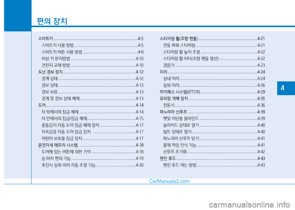 Hyundai Sonata Hybrid 2015  쏘나타 LF HEV/PHEV - 사용 설명서 (in Korean) 소
편의 장치
스마트키  .............................................................................. 4-5
스&P?@키  사용  방)  ..........................................................