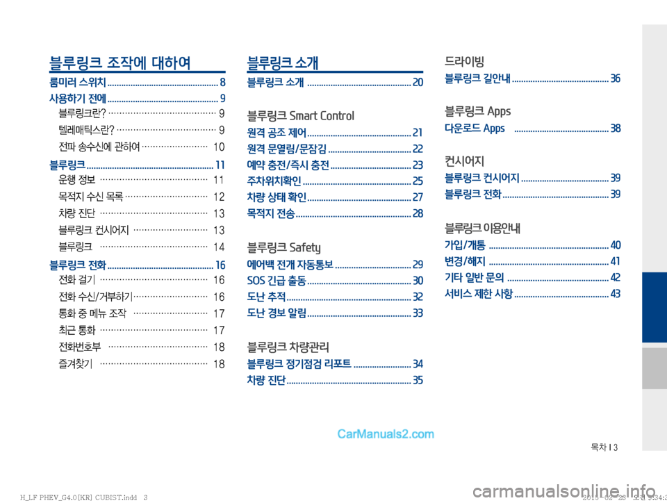 Hyundai Sonata Hybrid 2015  LF쏘나타 하이브리드 표준4 내비게이션 (in Korean) ~0��*��
블루링크 조작에 대하여 
룸미러 스위치 ................................................ 8
사용하기 전에 ................................................ 9
6B