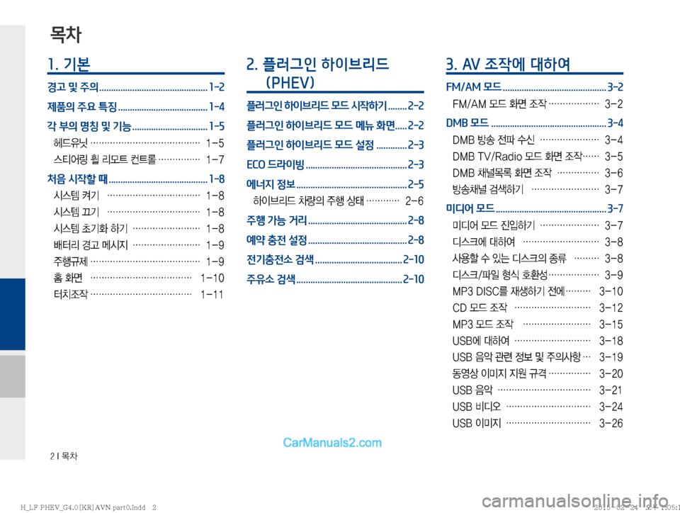 Hyundai Sonata Hybrid 2015  LF쏘나타 하이브리드 표준4 내비게이션 (in Korean) ���*�~0
1. 기본
경고 및 주의 .............................................. 1-2
제품의 주요 특징 ...................................... 1-4
각 부의 명칭 및 기능 ............