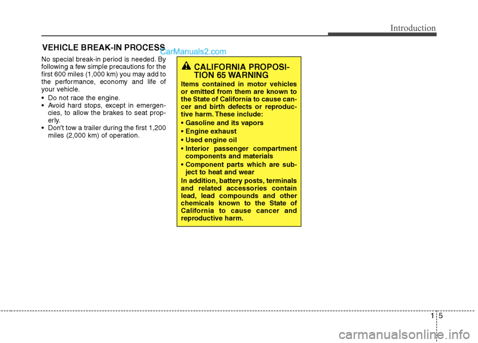 Hyundai Sonata Hybrid 2013  Owners Manual 15
Introduction
No special break-in period is needed. By
following a few simple precautions for the
first 600 miles (1,000 km) you may add to
the performance, economy and life of
your vehicle.
 Do not