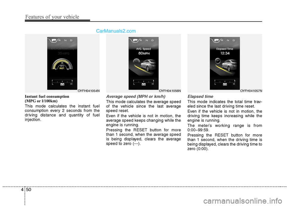 Hyundai Sonata Hybrid 2013  Owners Manual Features of your vehicle
50 4
Instant fuel consumption 
(MPG or l/100km)
This mode calculates the instant fuel
consumption every 2 seconds from the
driving distance and quantity of fuel
injection.Aver