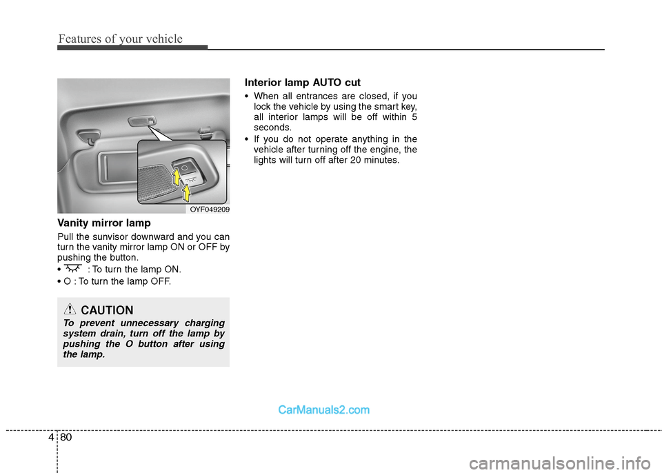 Hyundai Sonata Hybrid 2013  Owners Manual Features of your vehicle
80 4
Vanity mirror lamp
Pull the sunvisor downward and you can
turn the vanity mirror lamp ON or OFF by
pushing the button.
 : To turn the lamp ON.
 To turn the lamp OFF.
Inte