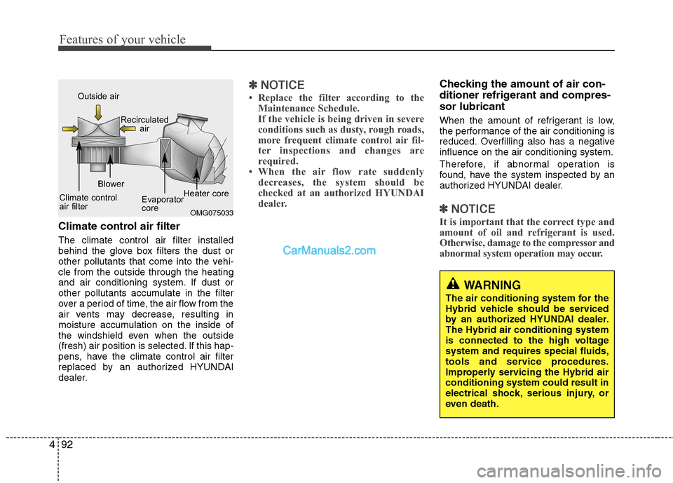 Hyundai Sonata Hybrid 2013  Owners Manual Features of your vehicle
92 4
Climate control air filter
The climate control air filter installed
behind the glove box filters the dust or
other pollutants that come into the vehi-
cle from the outsid