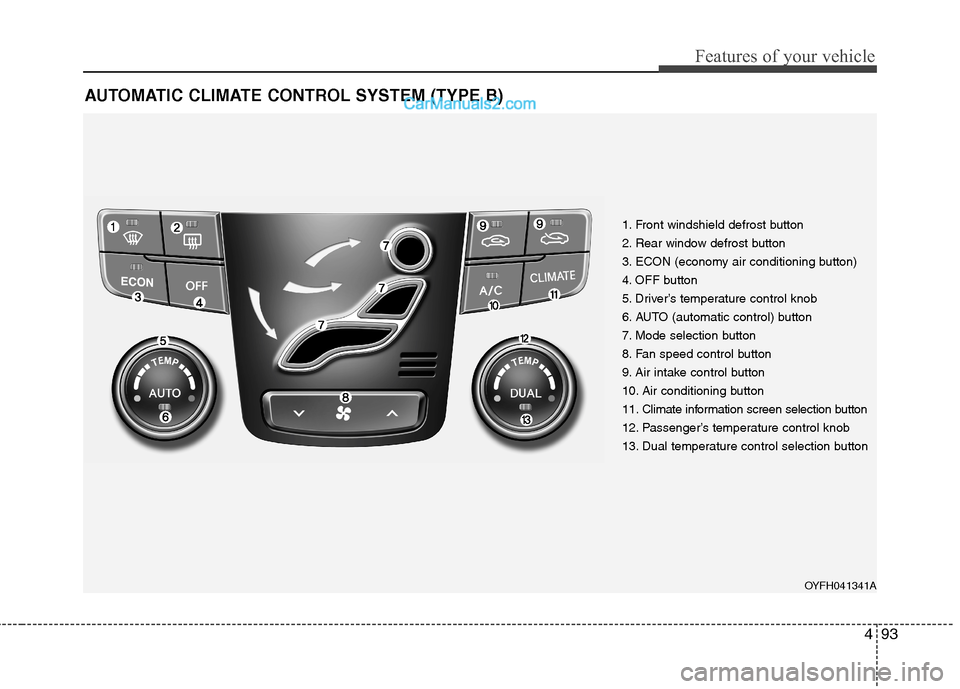 Hyundai Sonata Hybrid 2013  Owners Manual 493
Features of your vehicle
AUTOMATIC CLIMATE CONTROL SYSTEM (TYPE B)
1. Front windshield defrost button
2. Rear window defrost button
3. ECON (economy air conditioning button)
4. OFF button
5. Drive