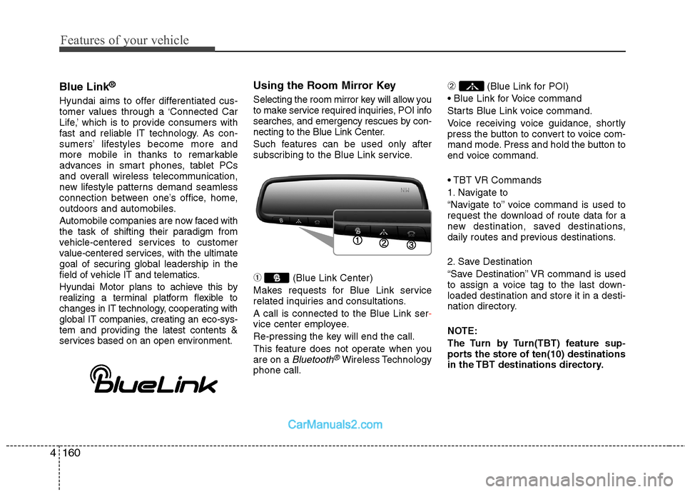 Hyundai Sonata Hybrid 2013 Owners Manual Features of your vehicle
160 4
Blue Link®
Hyundai aims to offer differentiated cus-
tomer values through a ‘Connected Car
Life,’ which is to provide consumers with
fast and reliable IT technology Hyundai Sonata Hybrid 2013 Owners Manual Features of your vehicle
160 4
Blue Link®
Hyundai aims to offer differentiated cus-
tomer values through a ‘Connected Car
Life,’ which is to provide consumers with
fast and reliable IT technology