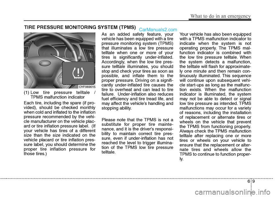 Hyundai Sonata Hybrid 2013 Owners Manual 69
What to do in an emergency
TIRE PRESSURE MONITORING SYSTEM (TPMS)
(1) Low tire pressure telltale /
TPMS malfunction indicator
Each tire, including the spare (if pro-
vided), should be checked mont Hyundai Sonata Hybrid 2013 Owners Manual 69
What to do in an emergency
TIRE PRESSURE MONITORING SYSTEM (TPMS)
(1) Low tire pressure telltale /
TPMS malfunction indicator
Each tire, including the spare (if pro-
vided), should be checked mont