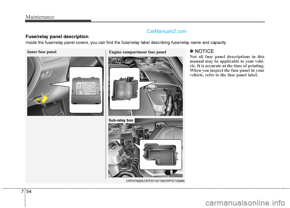 Hyundai Sonata Hybrid 2013  Owners Manual Maintenance
54 7
Inner fuse panel
Engine compartment fuse panel
Fuse/relay panel description
Inside the fuse/relay panel covers, you can find the fuse/relay label describing fuse/relay name and capaci
