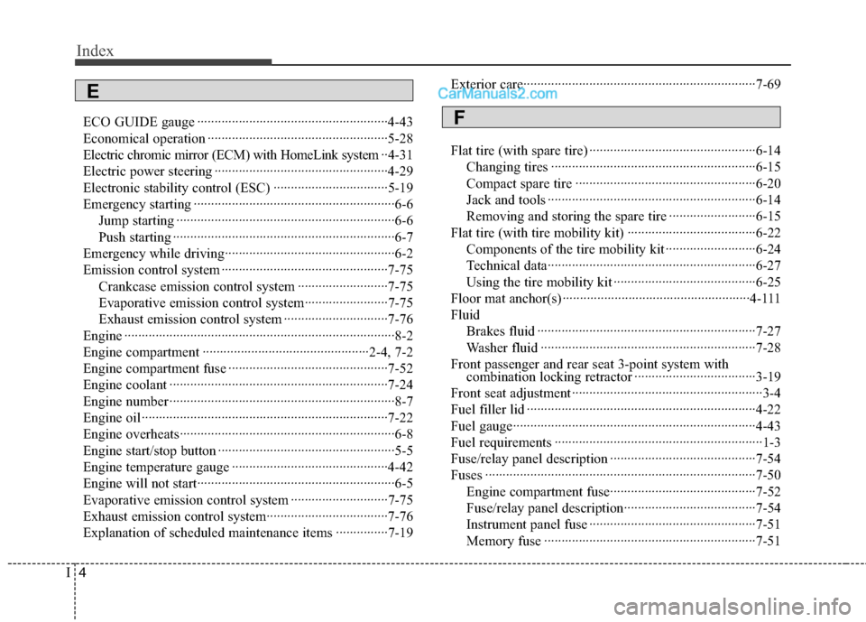 Hyundai Sonata Hybrid 2013  Owners Manual Index
4I
ECO GUIDE gauge ·······················································4-43
Economical operation ···················