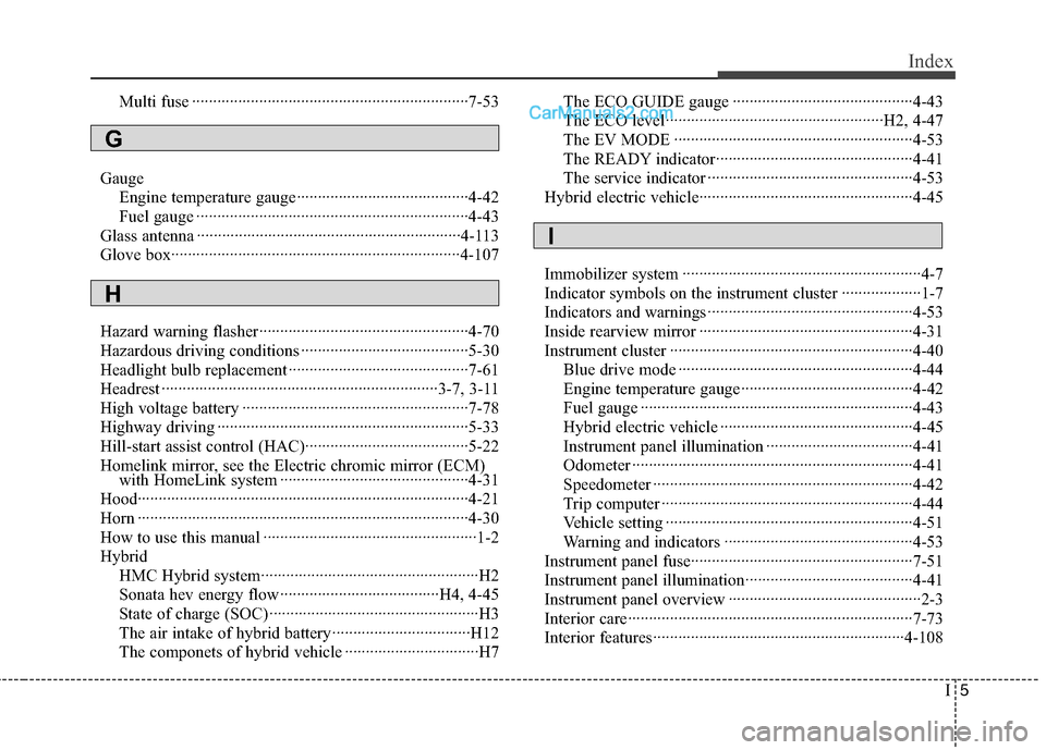 Hyundai Sonata Hybrid 2013 Manual PDF I5
Index
Multi fuse ··································································7-53
Gauge
Engine temperature gauge······�