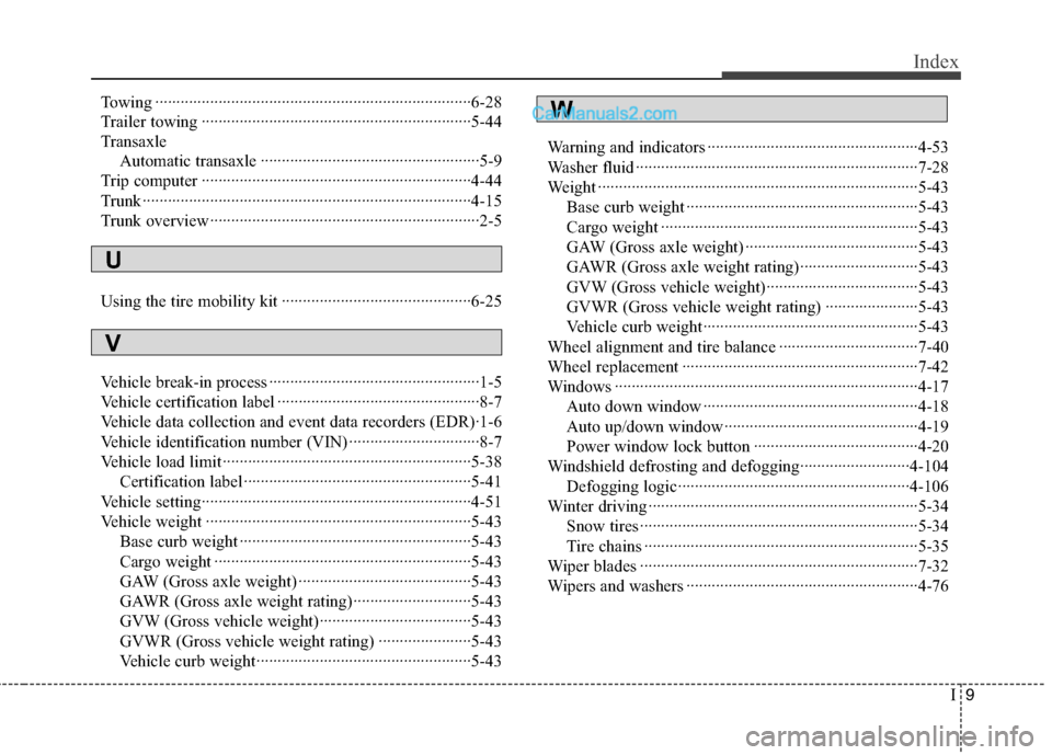 Hyundai Sonata Hybrid 2013 Owners Manual I9
Index
Towing ···········································································6-28
Trailer towing ······· Hyundai Sonata Hybrid 2013 Owners Manual I9
Index
Towing ···········································································6-28
Trailer towing ·······