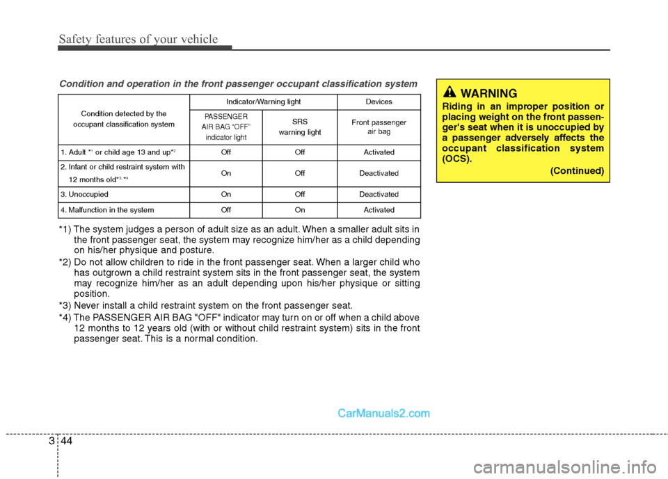 Hyundai Sonata Hybrid 2013 Repair Manual Safety features of your vehicle
44 3
Condition and operation in the front passenger occupant classification system
*1) The system judges a person of adult size as an adult. When a smaller adult sits i Hyundai Sonata Hybrid 2013 Repair Manual Safety features of your vehicle
44 3
Condition and operation in the front passenger occupant classification system
*1) The system judges a person of adult size as an adult. When a smaller adult sits i