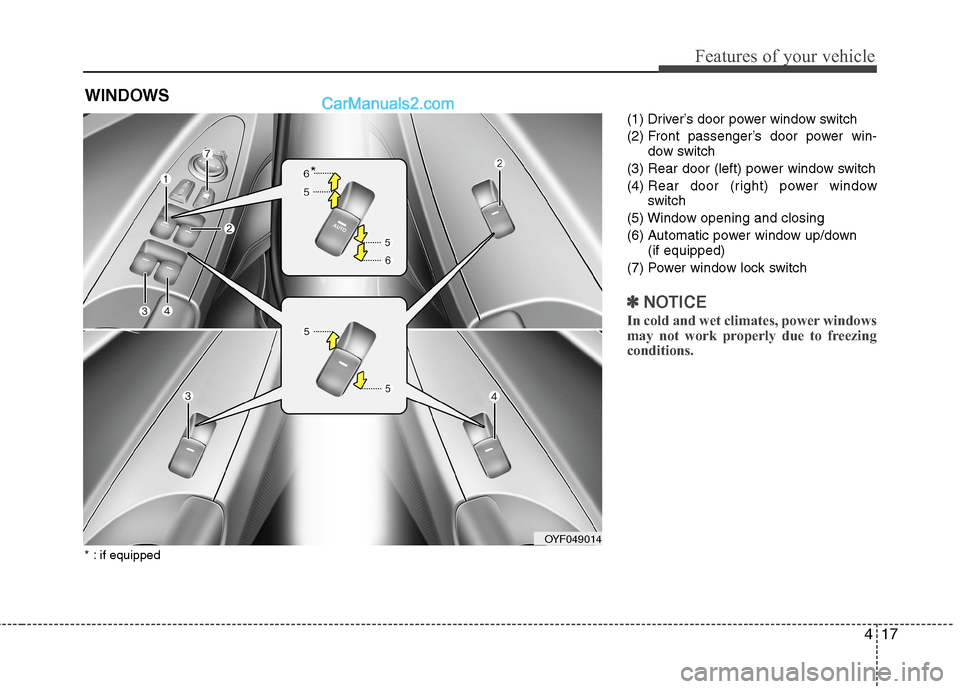 Hyundai Sonata Hybrid 2013 Owners Manual 417
Features of your vehicle
(1) Driver’s door power window switch
(2) Front passenger’s door power win-
dow switch
(3) Rear door (left) power window switch
(4) Rear door (right) power window
swit