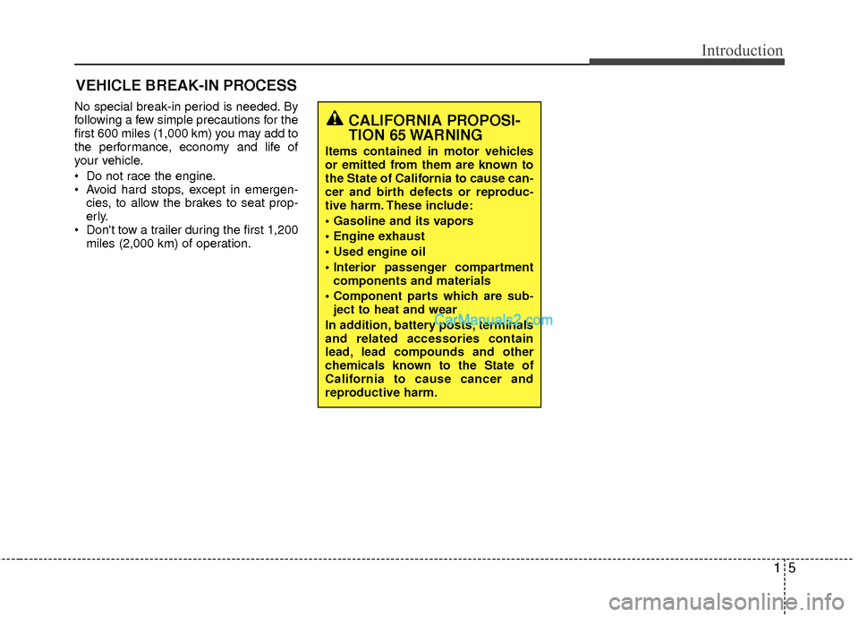 Hyundai Sonata Hybrid 2012  Owners Manual 15
Introduction
No special break-in period is needed. By
following a few simple precautions for the
first 600 miles (1,000 km) you may add to
the performance, economy and life of
your vehicle.
 Do not