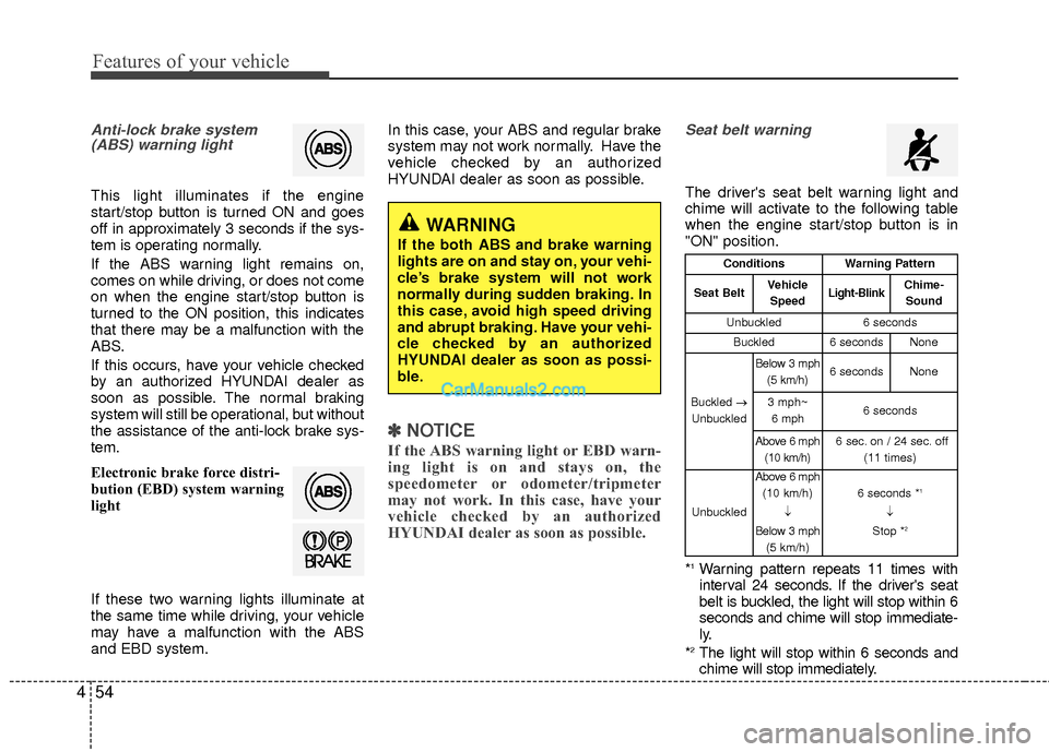 Hyundai Sonata Hybrid 2012 Owners Manual Features of your vehicle
54
4
Anti-lock brake system
(ABS) warning light
This light illuminates if the engine
start/stop button is turned ON and goes
off in approximately 3 seconds if the sys-
tem is Hyundai Sonata Hybrid 2012 Owners Manual Features of your vehicle
54
4
Anti-lock brake system
(ABS) warning light
This light illuminates if the engine
start/stop button is turned ON and goes
off in approximately 3 seconds if the sys-
tem is