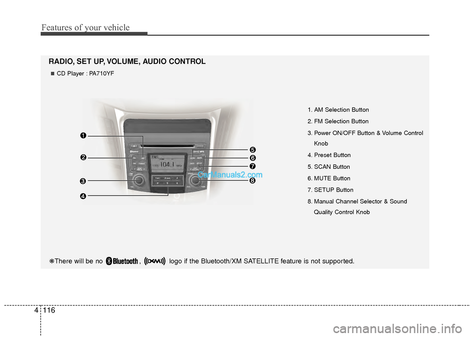 Hyundai Sonata Hybrid 2012  Owners Manual Features of your vehicle
116
4
1. AM Selection Button
2. FM Selection Button
3. Power ON/OFF Button & Volume Control
Knob
4. Preset Button
5. SCAN Button
6. MUTE Button
7. SETUP Button
8. Manual Chann