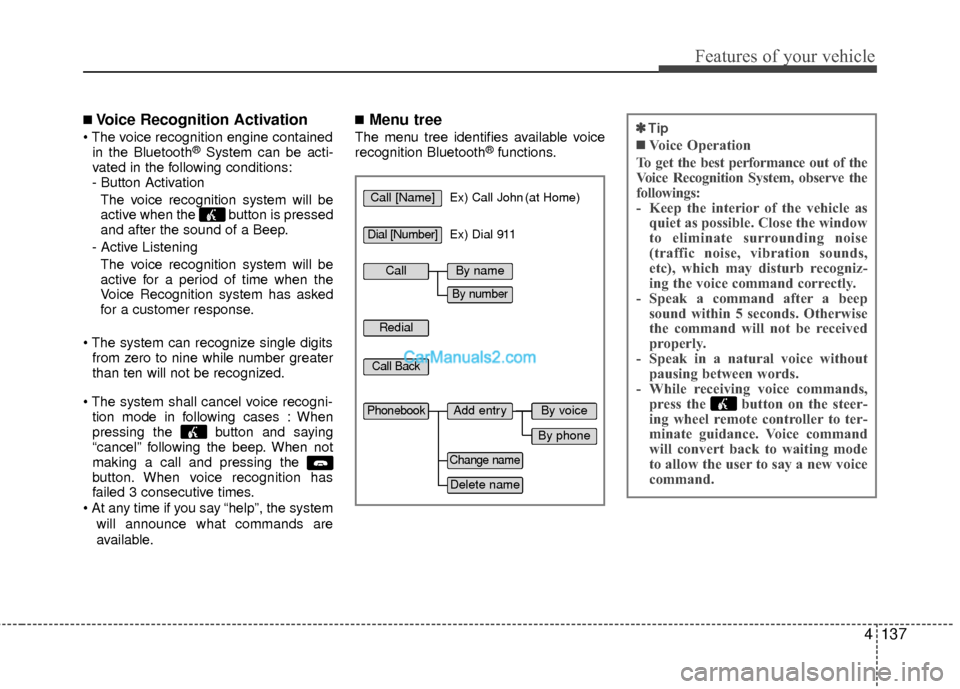 Hyundai Sonata Hybrid 2012  Owners Manual 4137
Features of your vehicle
✽
✽Tip
■Voice Operation
To get the best performance out of the
Voice Recognition System, observe the
followings:
- Keep the interior of the vehicle as quiet as poss