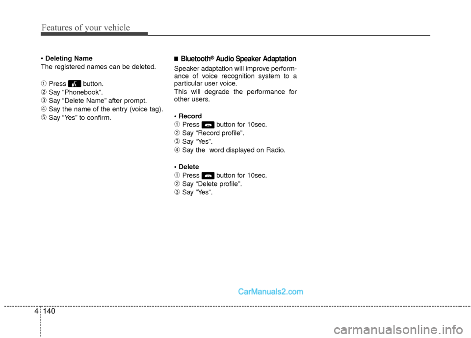 Hyundai Sonata Hybrid 2012  Owners Manual Features of your vehicle
140
4
 Deleting Name
The registered names can be deleted.
➀Press button.
➁Say “Phonebook”.
\bSay “Delete Name” after prompt.
➃Say the name of the entry (voice ta