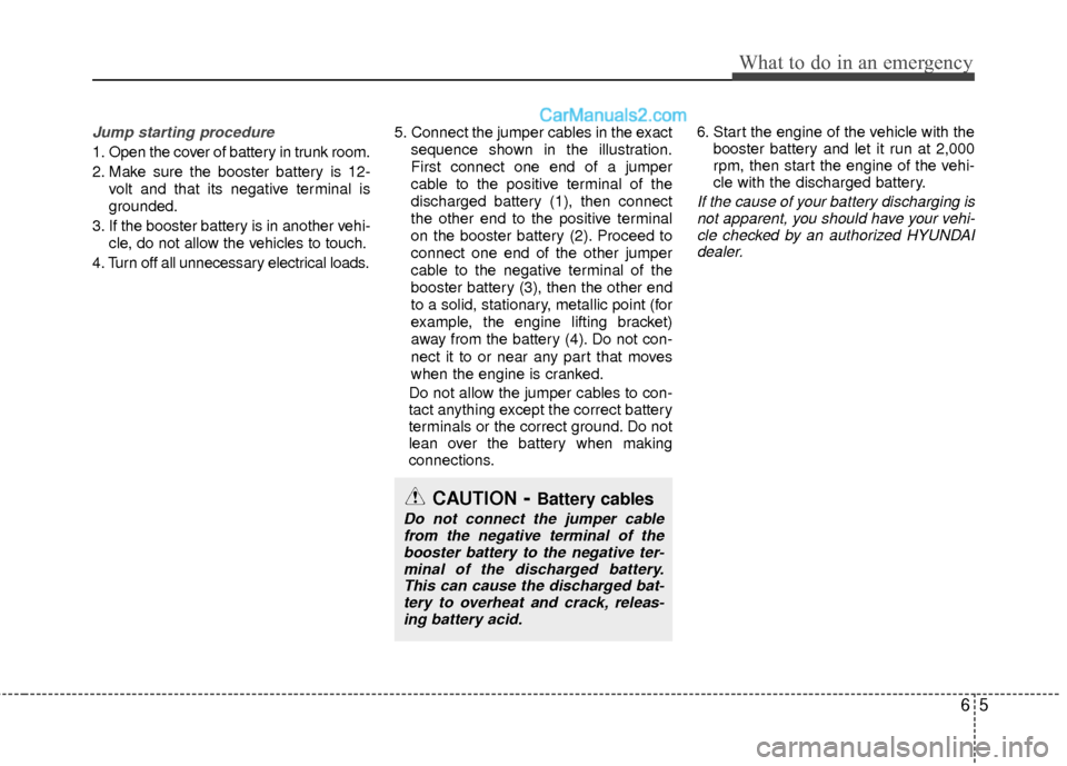 Hyundai Sonata Hybrid 2012  Owners Manual 65
What to do in an emergency
Jump starting procedure 
1. Open the cover of battery in trunk room.
2. Make sure the booster battery is 12-volt and that its negative terminal is
grounded.
3. If the boo
