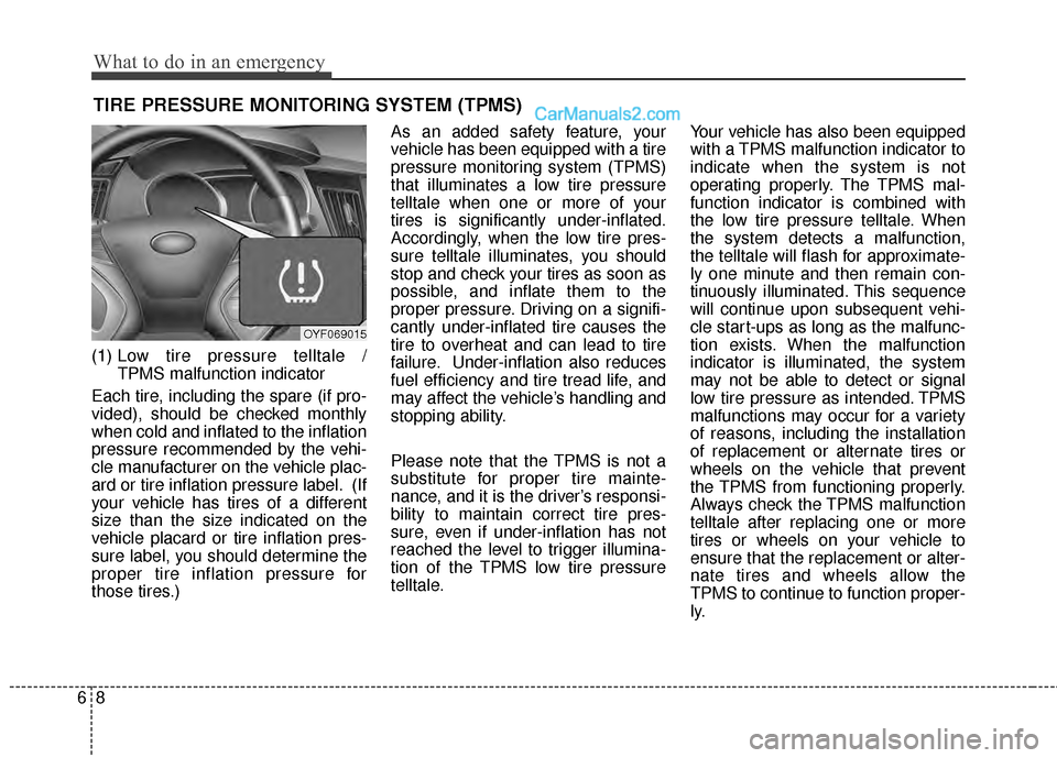 Hyundai Sonata Hybrid 2012  Owners Manual What to do in an emergency
86
TIRE PRESSURE MONITORING SYSTEM (TPMS)
(1) Low tire pressure telltale / 
TPMS malfunction indicator
Each tire, including the spare (if pro-
vided), should be checked mont