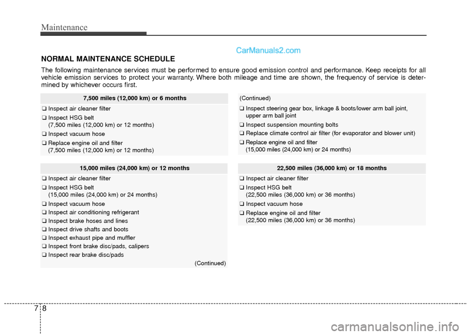 Hyundai Sonata Hybrid 2012  Owners Manual Maintenance
87
NORMAL MAINTENANCE SCHEDULE
The following maintenance services must be performed to ensure good emission control and performance. Keep receipts for all
vehicle emission services to prot