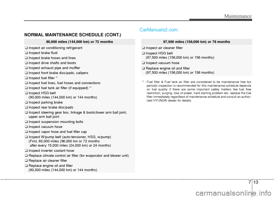Hyundai Sonata Hybrid 2012 Owners Manual 713
Maintenance
NORMAL MAINTENANCE SCHEDULE (CONT.)
97,500 miles (156,000 km) or 78 months
❑Inspect air cleaner filter
❑Inspect HSG belt
(97,500 miles (156,000 km) or 156 months)
❑ Inspect vacuu Hyundai Sonata Hybrid 2012 Owners Manual 713
Maintenance
NORMAL MAINTENANCE SCHEDULE (CONT.)
97,500 miles (156,000 km) or 78 months
❑Inspect air cleaner filter
❑Inspect HSG belt
(97,500 miles (156,000 km) or 156 months)
❑ Inspect vacuu
