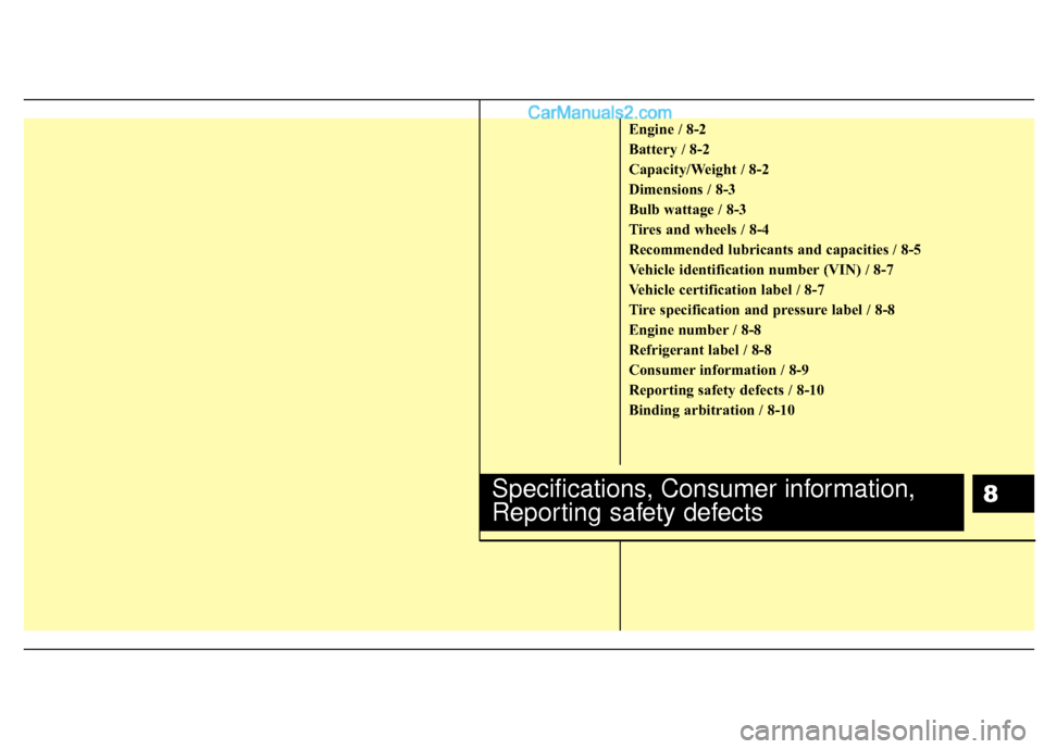 Hyundai Sonata Hybrid 2012  Owners Manual 8
Engine / 8-2
Battery / 8-2
Capacity/Weight / 8-2
Dimensions / 8-3
Bulb wattage / 8-3
Tires and wheels / 8-4
Recommended lubricants and capacities / 8-5
Vehicle identification number (VIN) / 8-7
Vehi