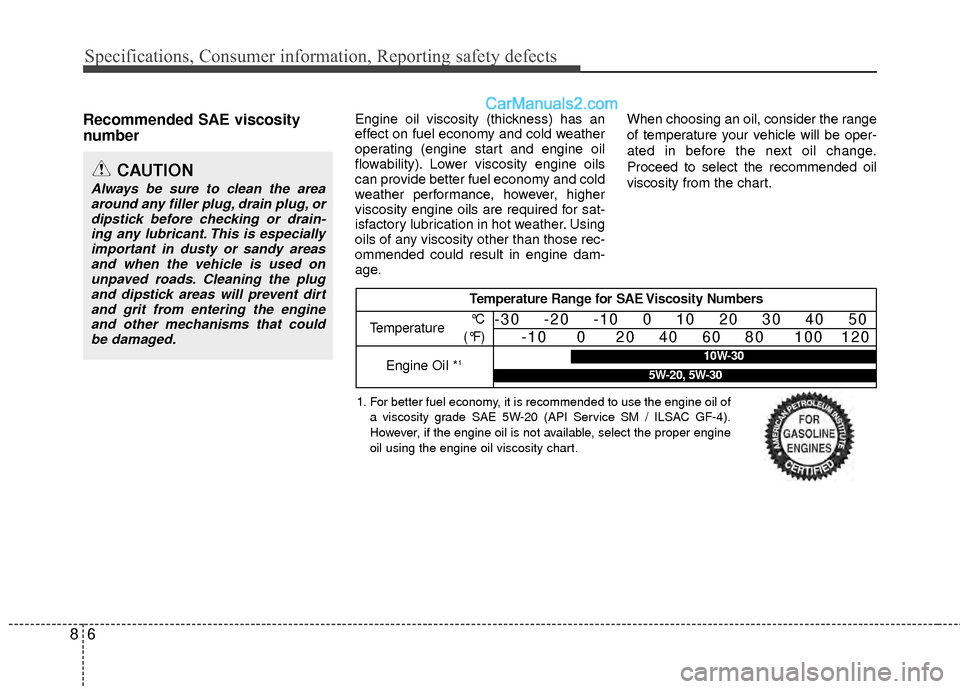 Hyundai Sonata Hybrid 2012  Owners Manual Specifications, Consumer information, Reporting safety defects
68
Recommended SAE viscosity
number   Engine oil viscosity (thickness) has an
effect on fuel economy and cold weather
operating (engine s