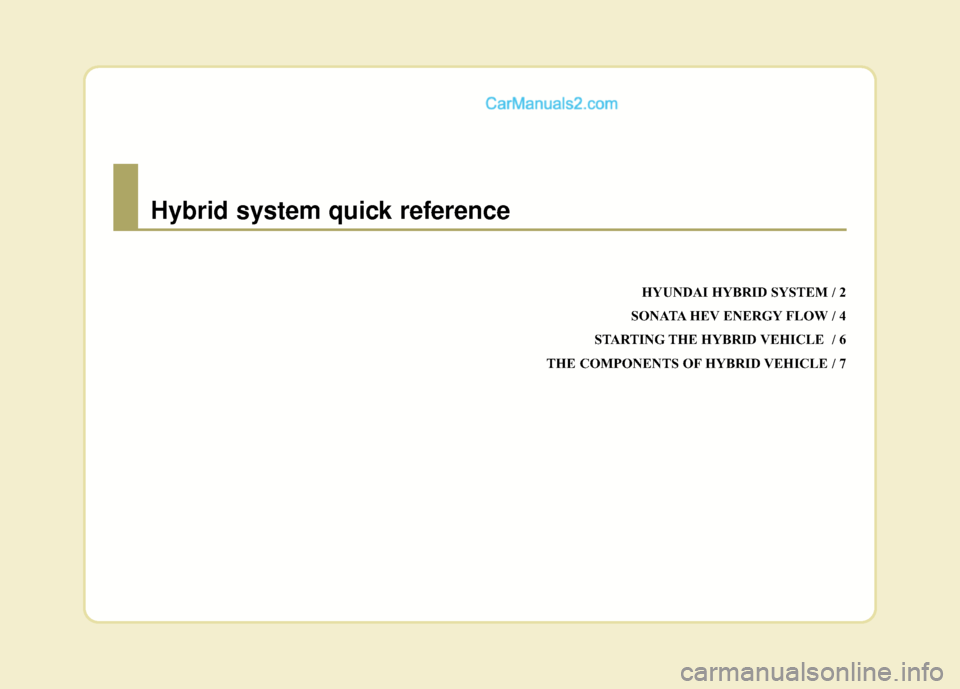 Hyundai Sonata Hybrid 2012 Owners Manual HYUNDAI HYBRID SYSTEM / 2
SONATA HEV ENERGY FLOW / 4
STARTING THE HYBRID VEHICLE / 6
THE COMPONENTS OF HYBRID VEHICLE / 7
Hybrid system quick reference Hyundai Sonata Hybrid 2012 Owners Manual HYUNDAI HYBRID SYSTEM / 2
SONATA HEV ENERGY FLOW / 4
STARTING THE HYBRID VEHICLE / 6
THE COMPONENTS OF HYBRID VEHICLE / 7
Hybrid system quick reference
