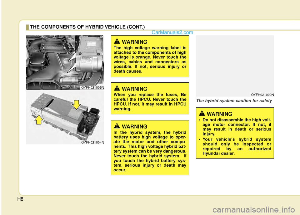 Hyundai Sonata Hybrid 2012 Owners Manual H8
The hybrid system caution for safety
THE COMPONENTS OF HYBRID VEHICLE (CONT.)
WARNING
In the hybrid system, the hybrid
battery uses high voltage to oper-
ate the motor and other compo-
nents. This Hyundai Sonata Hybrid 2012 Owners Manual H8
The hybrid system caution for safety
THE COMPONENTS OF HYBRID VEHICLE (CONT.)
WARNING
In the hybrid system, the hybrid
battery uses high voltage to oper-
ate the motor and other compo-
nents. This