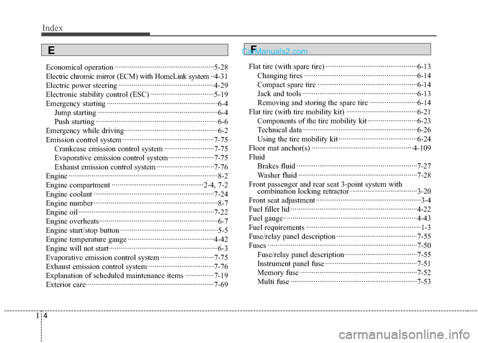 Hyundai Sonata Hybrid 2012 Owners Manual Index
4I
Economical operation ··················\
··················\
················5-28
Electric chromic mirror (ECM) with HomeLink system ··4- Hyundai Sonata Hybrid 2012 Owners Manual Index
4I
Economical operation ··················\
··················\
················5-28
Electric chromic mirror (ECM) with HomeLink system ··4-