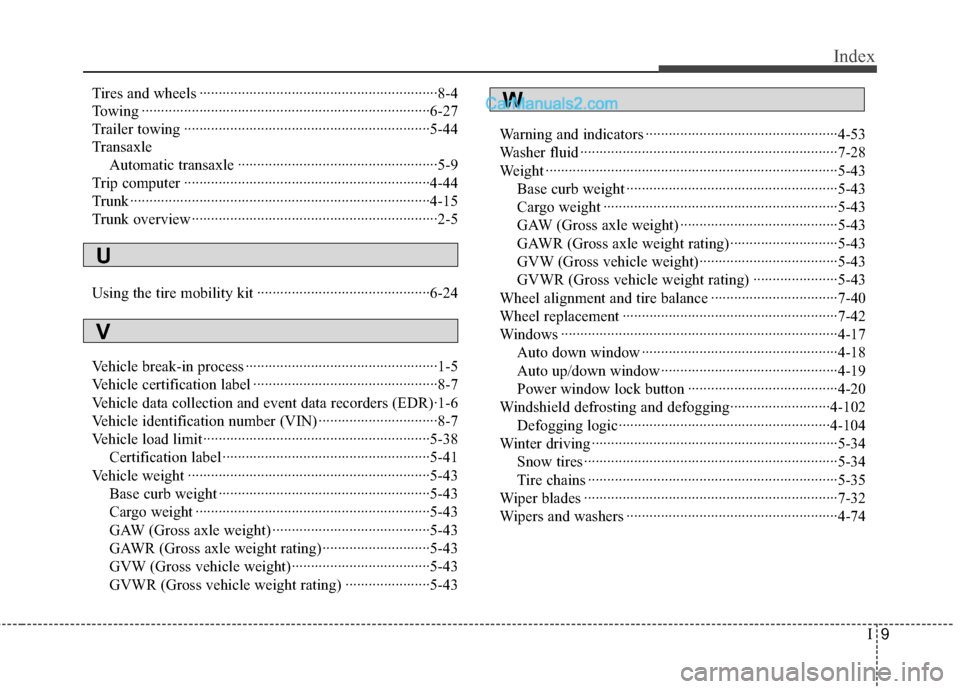 Hyundai Sonata Hybrid 2012  Owners Manual I9
Index
Tires and wheels ··················\
··················\
··················\
········8-4
Towing ················�