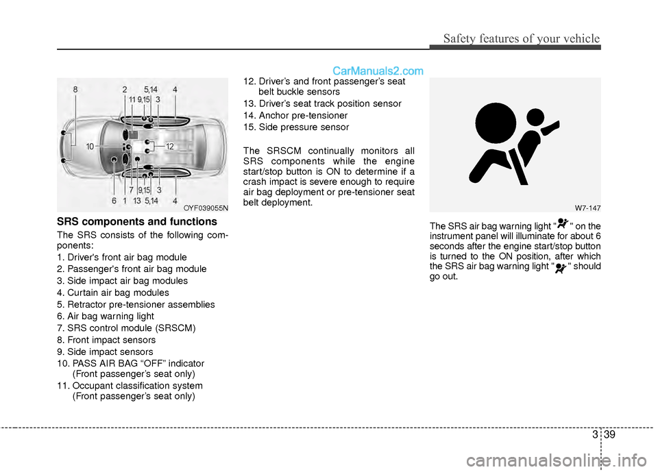 Hyundai Sonata Hybrid 2012 Workshop Manual 339
Safety features of your vehicle
SRS components and functions
The SRS consists of the following com-
ponents:
1. Drivers front air bag module
2. Passengers front air bag module
3. Side impact air Hyundai Sonata Hybrid 2012 Workshop Manual 339
Safety features of your vehicle
SRS components and functions
The SRS consists of the following com-
ponents:
1. Drivers front air bag module
2. Passengers front air bag module
3. Side impact air