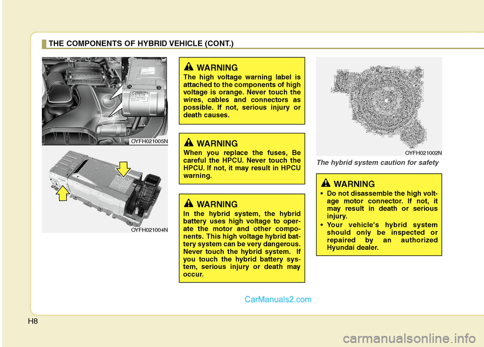Hyundai Sonata Hybrid 2011 User Guide H8
The hybrid system caution for safety
THE COMPONENTS OF HYBRID VEHICLE (CONT.)
WARNING
In the hybrid system, the hybrid
battery uses high voltage to oper-
ate the motor and other compo-
nents. This Hyundai Sonata Hybrid 2011 User Guide H8
The hybrid system caution for safety
THE COMPONENTS OF HYBRID VEHICLE (CONT.)
WARNING
In the hybrid system, the hybrid
battery uses high voltage to oper-
ate the motor and other compo-
nents. This