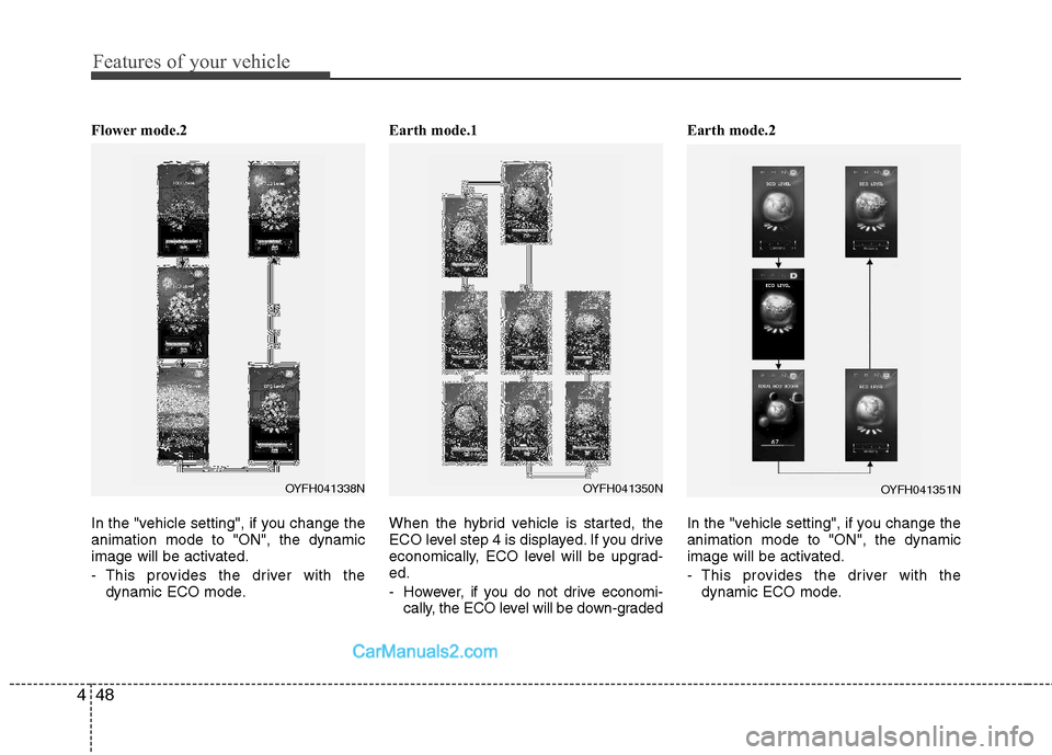 Hyundai Sonata Hybrid 2011  Owners Manual Features of your vehicle
48 4
Flower mode.2
In the "vehicle setting", if you change the
animation mode to "ON", the dynamic
image will be activated.
- This provides the driver with the
dynamic ECO mod