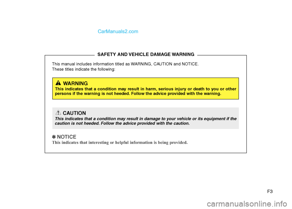 Hyundai Sonata Hybrid 2011  Owners Manual F3
This manual includes information titled as WARNING, CAUTION and NOTICE.
These titles indicate the following:
✽ ✽ 
 
NOTICE
This indicates that interesting or helpful information is being provid