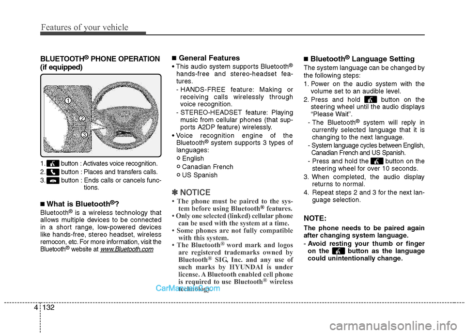 Hyundai Sonata Hybrid 2011  Owners Manual Features of your vehicle
132 4
BLUETOOTH®PHONE OPERATION
(if equipped)
1. button : Activates voice recognition.
2. button : Places and transfers calls.
3.button: Ends calls or cancels func-
tions.
