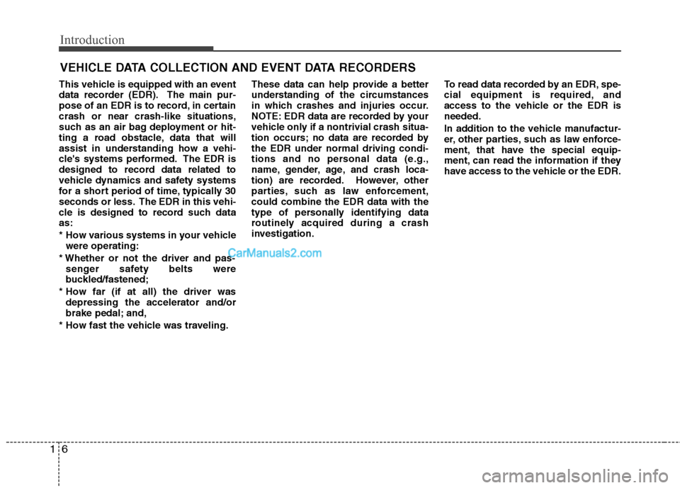 Hyundai Sonata Hybrid 2011 Owners Guide Introduction
6 1
This vehicle is equipped with an event
data recorder (EDR). The main pur-
pose of an EDR is to record, in certain
crash or near crash-like situations,
such as an air bag deployment or