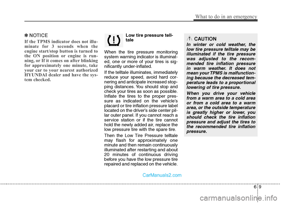 Hyundai Sonata Hybrid 2011  Owners Manual 69
What to do in an emergency
✽ ✽
NOTICE
If the TPMS indicator does not illu-
minate for 3 seconds when the
engine start/stop button is turned to
the ON position or engine is run-
ning, or If it c