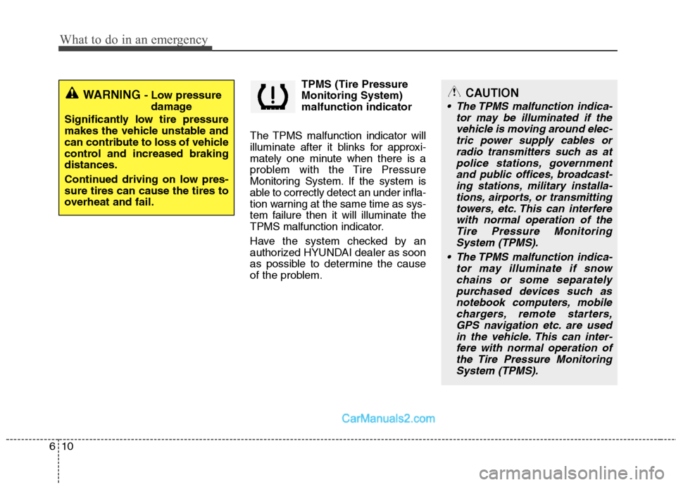 Hyundai Sonata Hybrid 2011  Owners Manual What to do in an emergency
10 6
TPMS (Tire Pressure
Monitoring System)
malfunction indicator
The TPMS malfunction indicator will
illuminate after it blinks for approxi-
mately one minute when there is