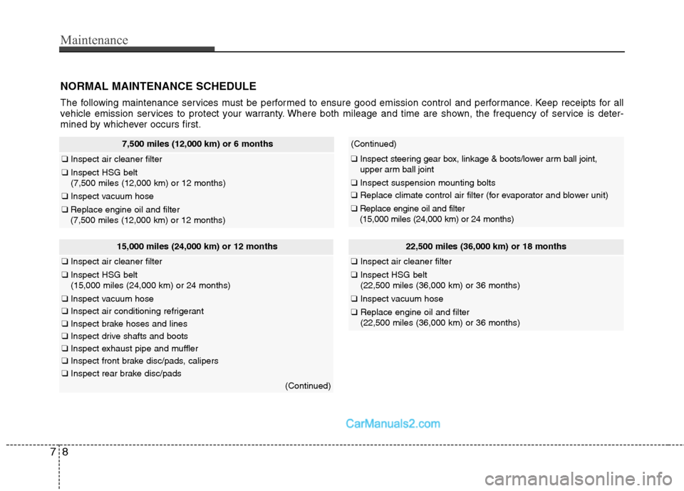 Hyundai Sonata Hybrid 2011  Owners Manual Maintenance
8 7
NORMAL MAINTENANCE SCHEDULE
The following maintenance services must be performed to ensure good emission control and performance. Keep receipts for all
vehicle emission services to pro