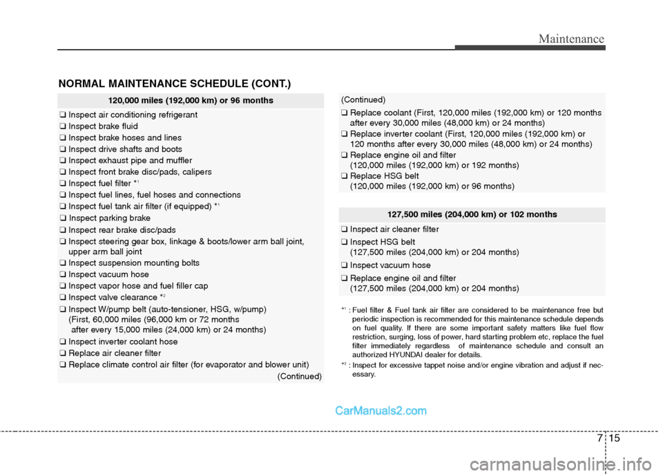 Hyundai Sonata Hybrid 2011  Owners Manual 715
Maintenance
NORMAL MAINTENANCE SCHEDULE (CONT.)
120,000 miles (192,000 km) or 96 months
❑Inspect air conditioning refrigerant
❑Inspect brake fluid  
❑Inspect brake hoses and lines
❑Inspect