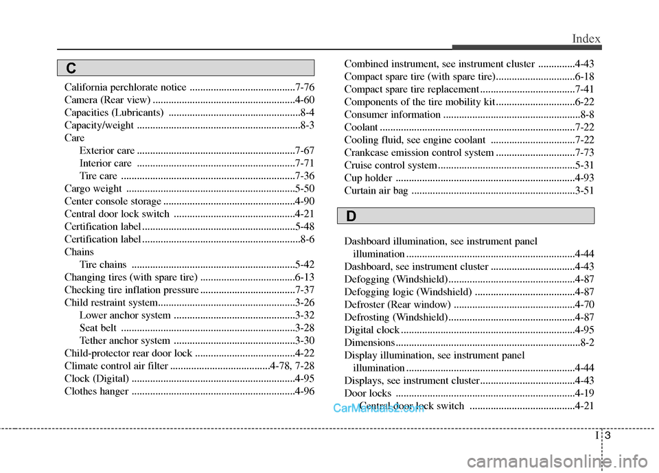 Hyundai Sonata Hybrid 2011  Owners Manual I3
Index
California perchlorate notice ........................................7-76
Camera (Rear view) ......................................................4-60
Capacities (Lubricants) ..............