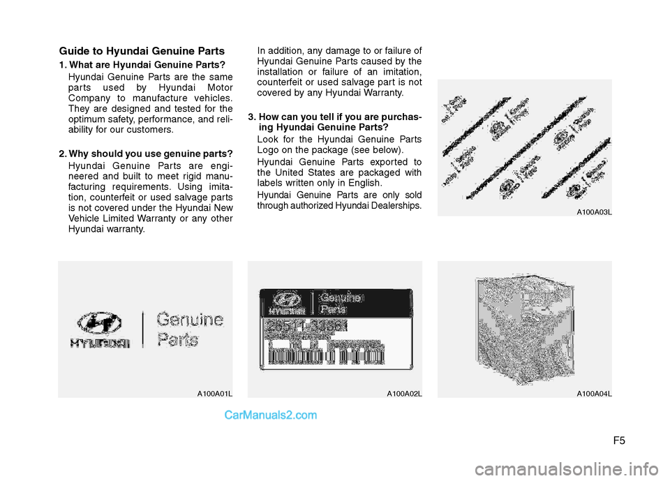 Hyundai Sonata Hybrid 2011  Owners Manual F5 Guide to Hyundai Genuine Parts
1. What are Hyundai Genuine Parts?
Hyundai Genuine Parts are the same
parts used by Hyundai Motor
Company to manufacture vehicles.
They are designed and tested for th